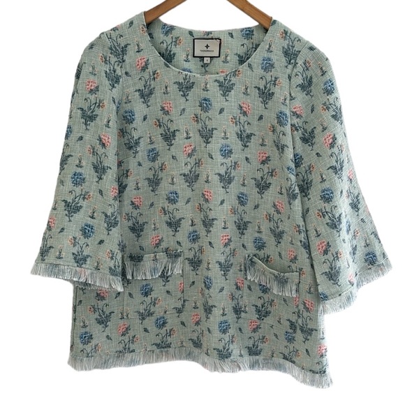 Tuckernuck Tops - Tuckernuck Light Blue Floral Tweed Fringed Blouse